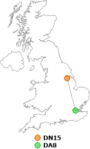 map showing distance between DN15 and DA8