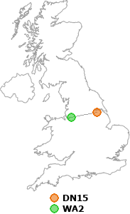 map showing distance between DN15 and WA2