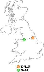 map showing distance between DN15 and WA4