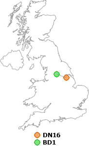 map showing distance between DN16 and BD1