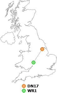 map showing distance between DN17 and WR1