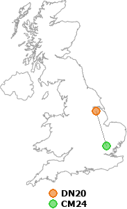 map showing distance between DN20 and CM24