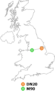 map showing distance between DN20 and M90