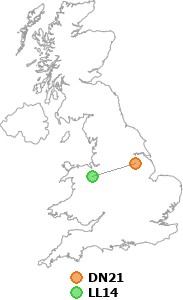 map showing distance between DN21 and LL14
