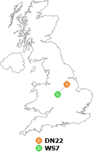 map showing distance between DN22 and WS7