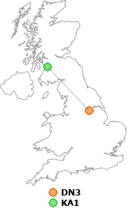 map showing distance between DN3 and KA1