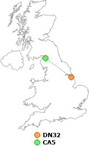 map showing distance between DN32 and CA5