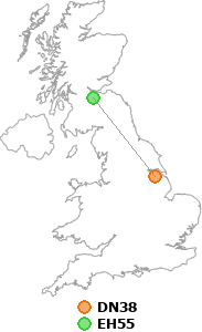 map showing distance between DN38 and EH55