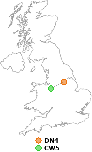 map showing distance between DN4 and CW5