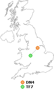 map showing distance between DN4 and TF7