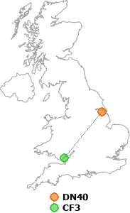 map showing distance between DN40 and CF3