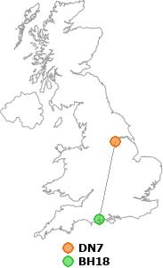 map showing distance between DN7 and BH18