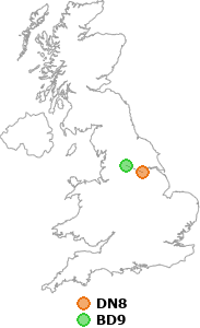 map showing distance between DN8 and BD9