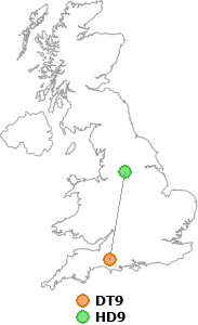 map showing distance between DT9 and HD9