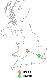 map showing distance between DY11 and CM20