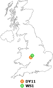 map showing distance between DY11 and WS1
