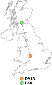 map showing distance between DY13 and FK8