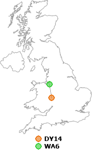 map showing distance between DY14 and WA6