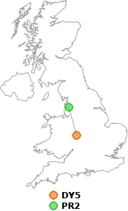 map showing distance between DY5 and PR2