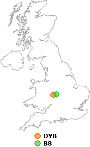 map showing distance between DY8 and B8