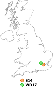 map showing distance between E14 and WD17