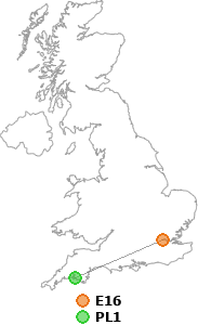 map showing distance between E16 and PL1