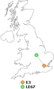 map showing distance between E3 and LE67