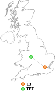 map showing distance between E3 and TF7
