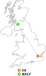 map showing distance between E6 and KA17