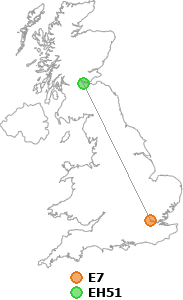 map showing distance between E7 and EH51