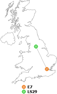 map showing distance between E7 and LS29