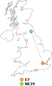 map showing distance between E7 and NE19