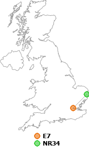 map showing distance between E7 and NR34