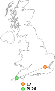 map showing distance between E7 and PL26