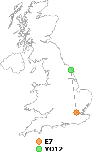 map showing distance between E7 and YO12
