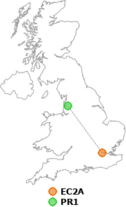 map showing distance between EC2A and PR1
