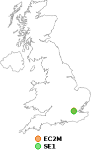 map showing distance between EC2M and SE1