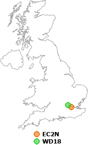 map showing distance between EC2N and WD18