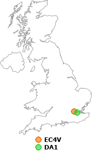 map showing distance between EC4V and DA1