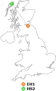 map showing distance between EH1 and HS2