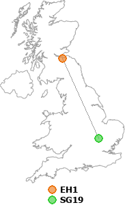 map showing distance between EH1 and SG19
