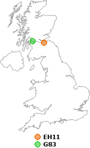 map showing distance between EH11 and G83
