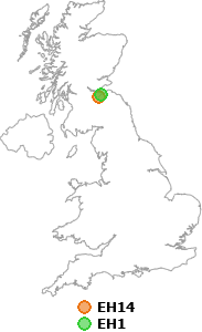 map showing distance between EH14 and EH1