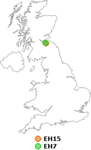 map showing distance between EH15 and EH7