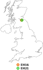 map showing distance between EH16 and EH21
