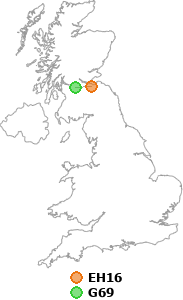 map showing distance between EH16 and G69