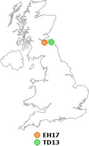 map showing distance between EH17 and TD13