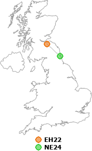 map showing distance between EH22 and NE24