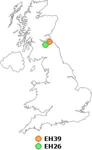 map showing distance between EH39 and EH26