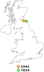map showing distance between EH41 and TD14
